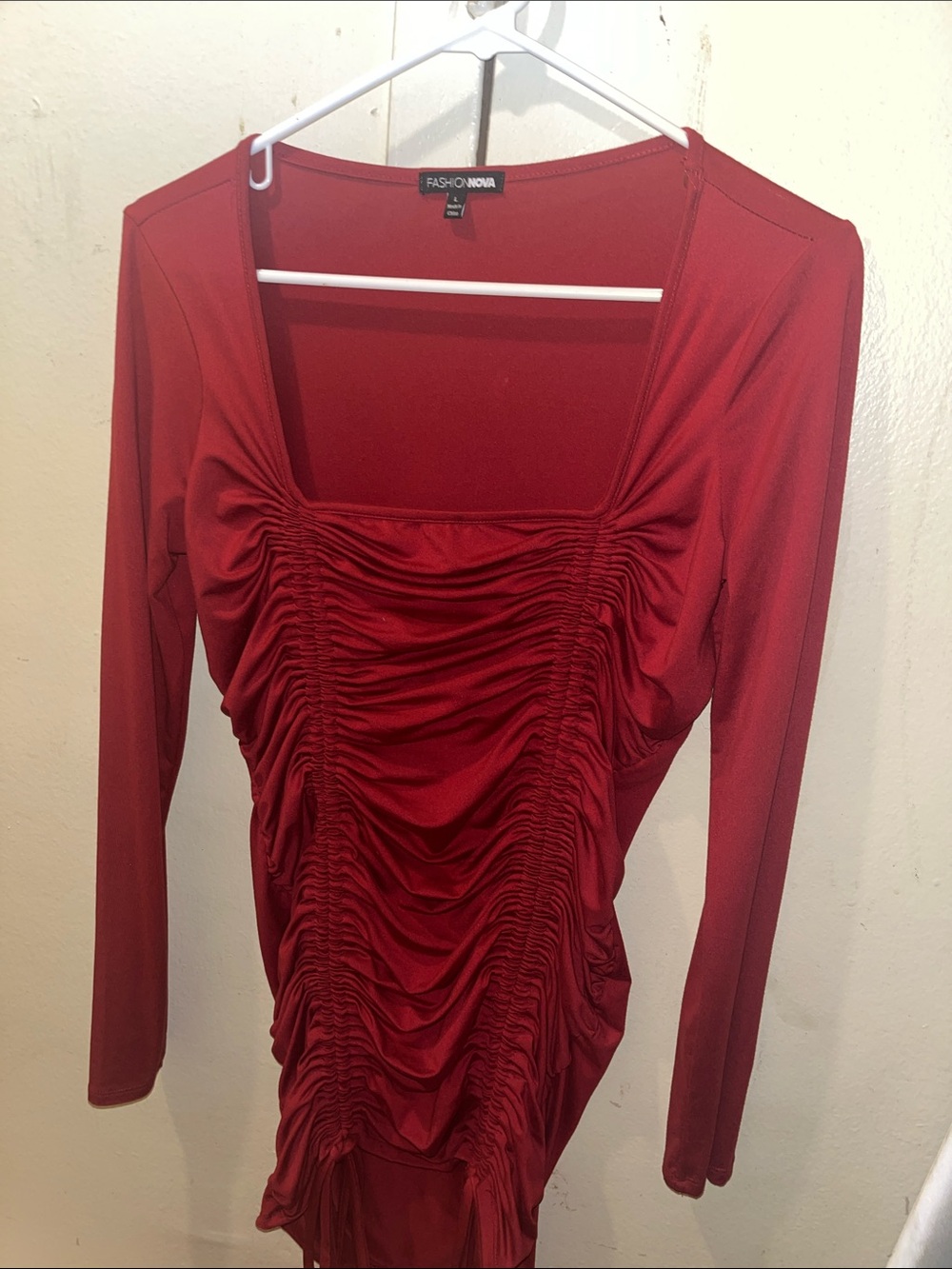 Fashion Nova Red Ruched Long Sleeve Square Neck Top
